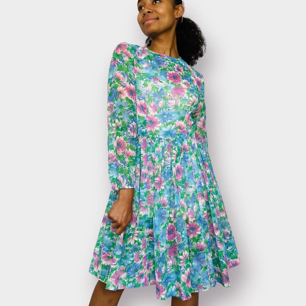60s Pink and Blue Floral Dress - Picture 4 of 7